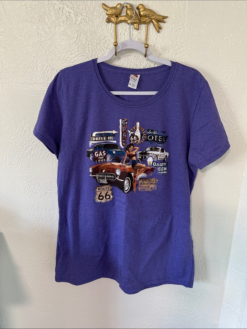 Fruit of the Loom HD Cotton Purple Route 66 Pin-Up Graphic Tee 2XL